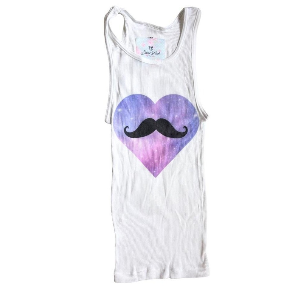white ribbed tank top galaxy heart mustache graphic y2k saint pink
